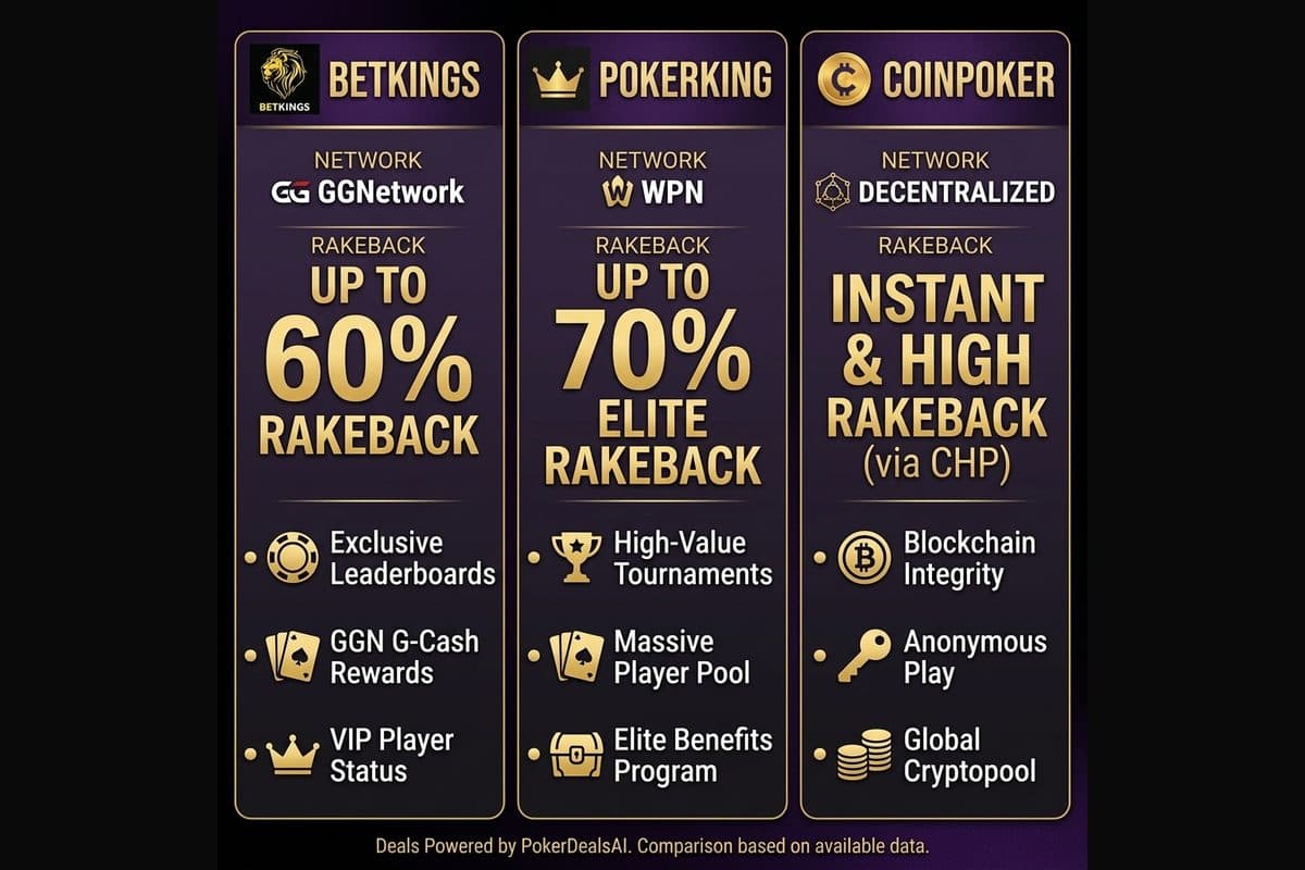 Comparativa de los tres principales deals de PokerDealsAI: BetKings, PokerKing y CoinPoker