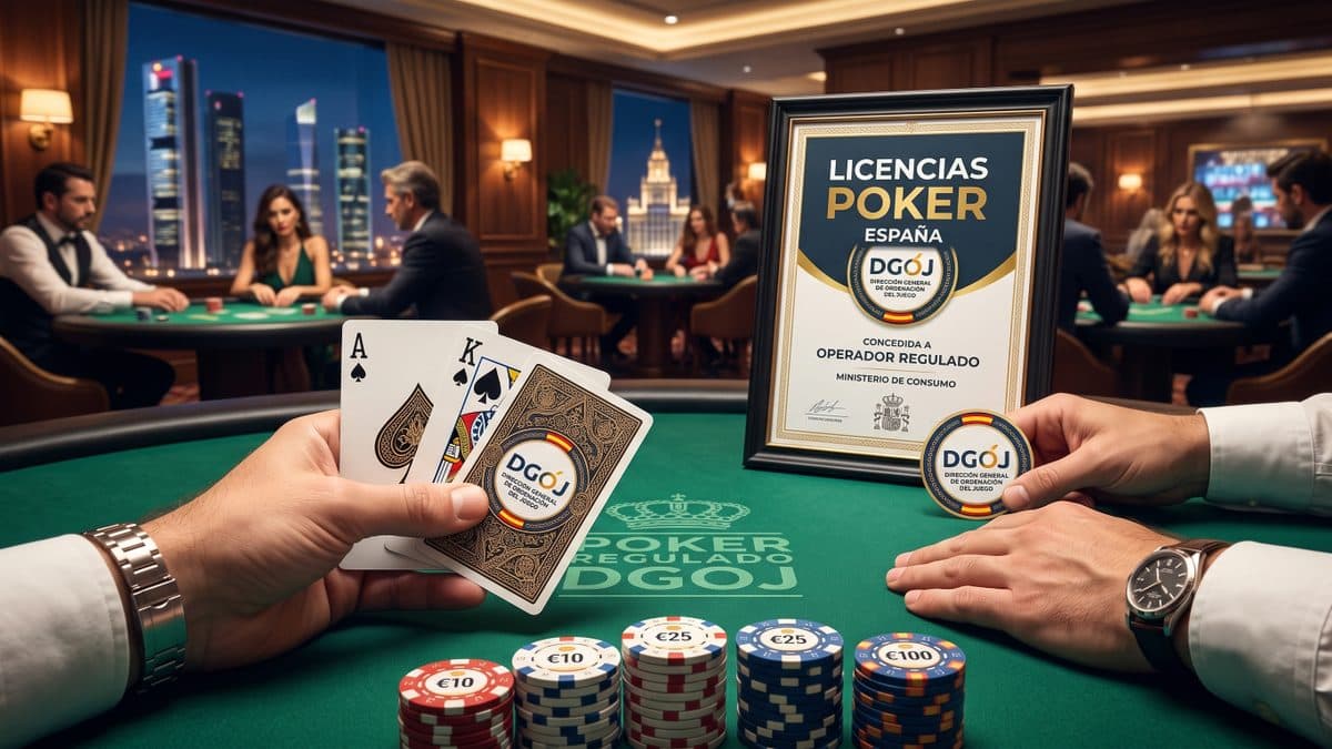 Poker table with players and euro chips, highlighting Spain's DGOJ license for regulated operators. Poker table with players and euro chips in Spain