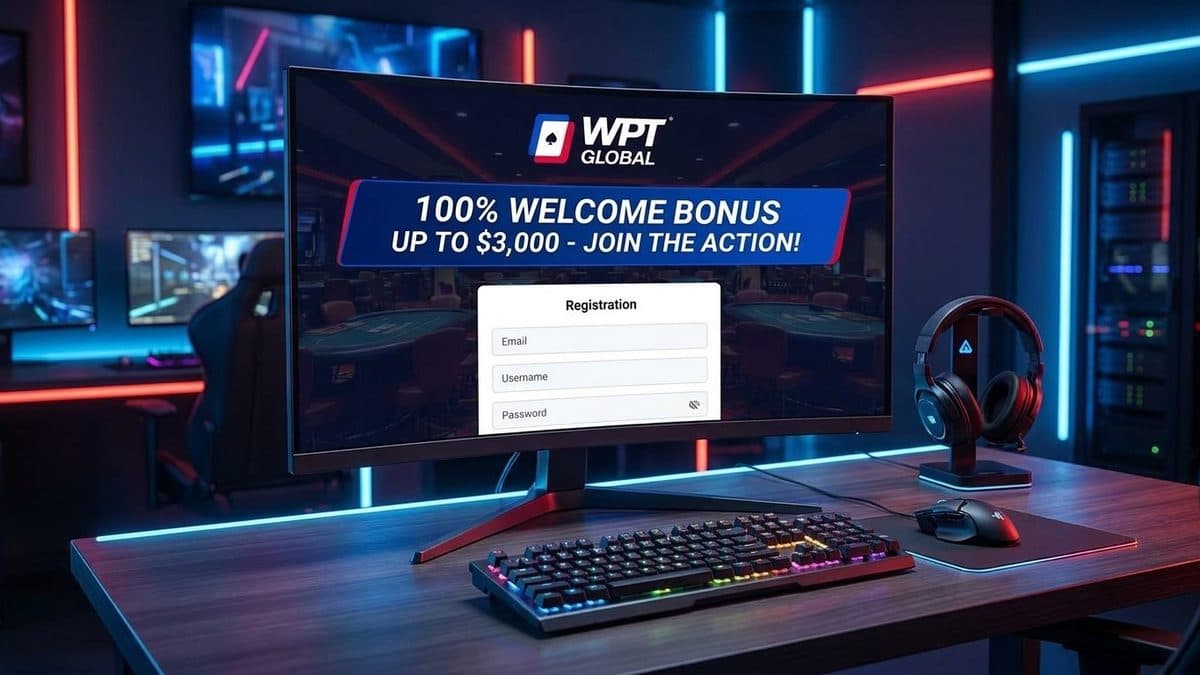 WPT Global bônus de boas-vindas 100% até $3.000 Tela do bônus de boas-vindas do WPT Global mostrando 100% até $3.000