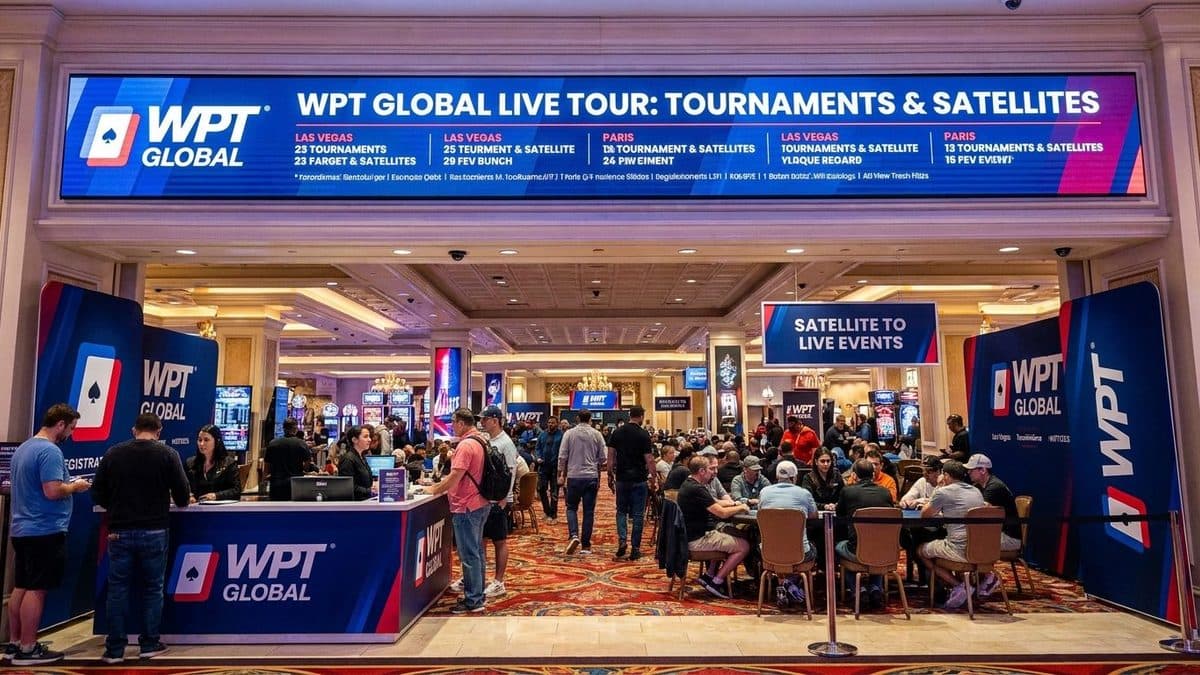 WPT Global Live Tour: torneo de poker en casino de Las Vegas. Jugadores en mesas y área de registro.