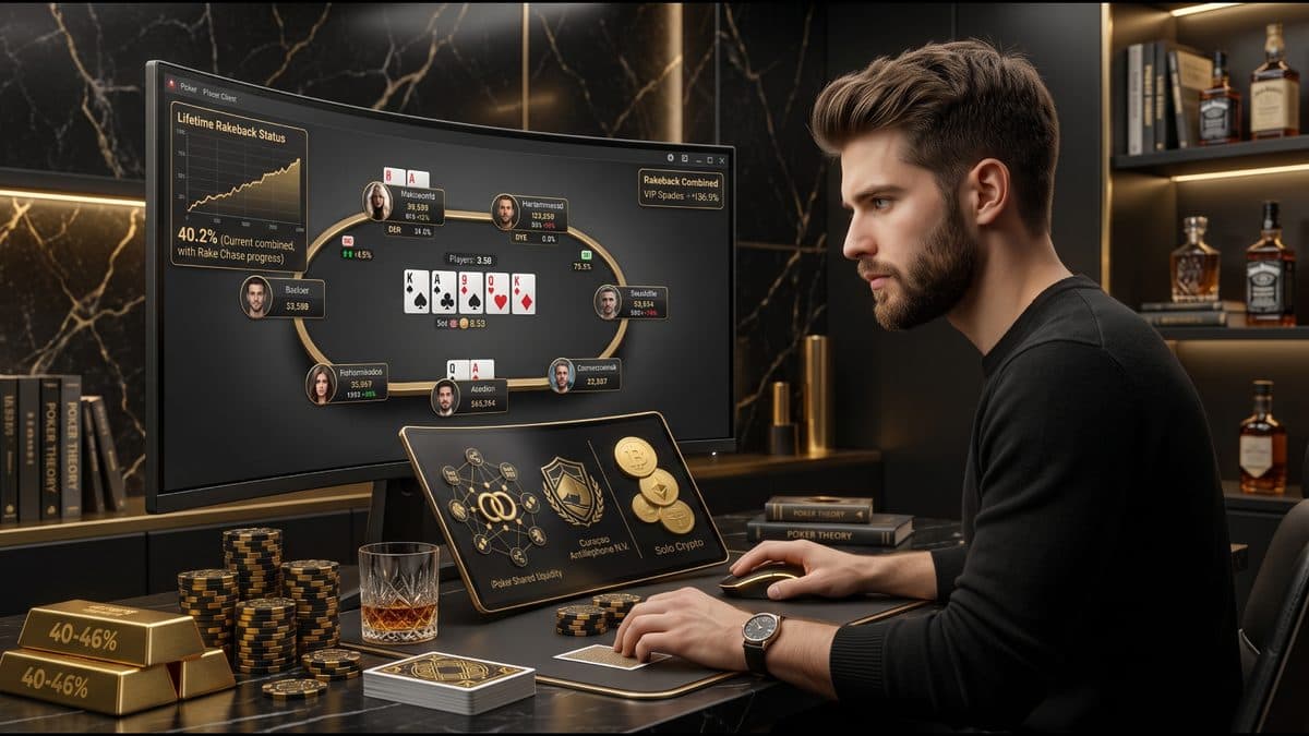 Hombre jugando poker online en ChampionPoker: rakeback, iPoker, criptomonedas, fichas y lingotes de oro.