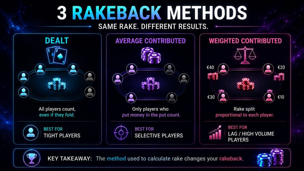 Comparación visual de métodos de distribución de rake en poker: Dealt, Contribuido Promedio y Ponderado.
